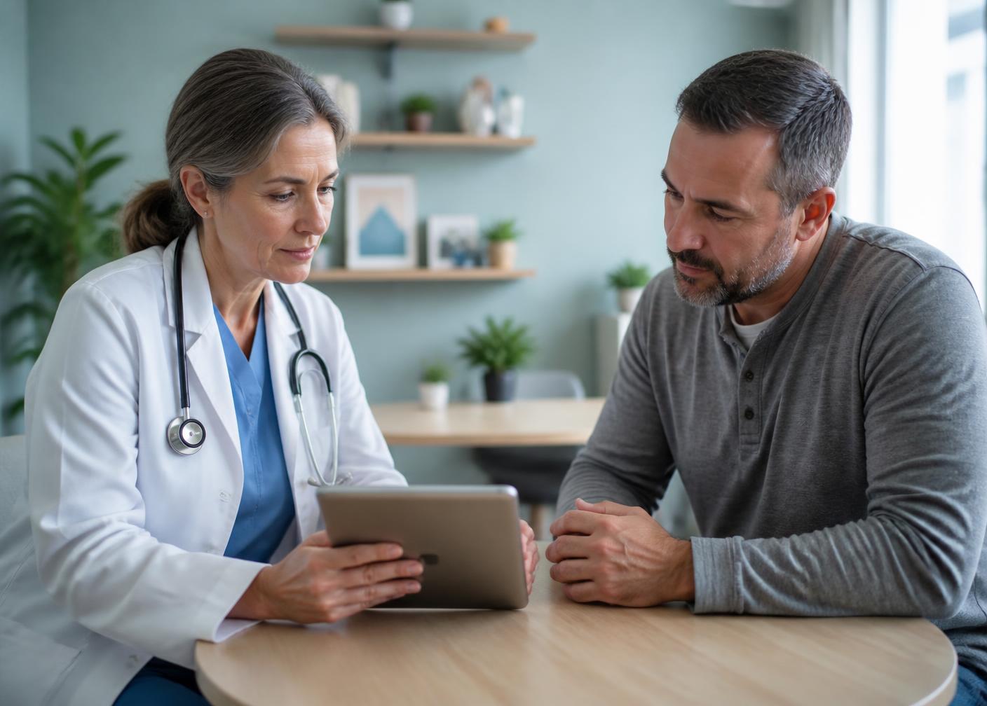 A clinician reviewing results with an adult patient at a consultation table