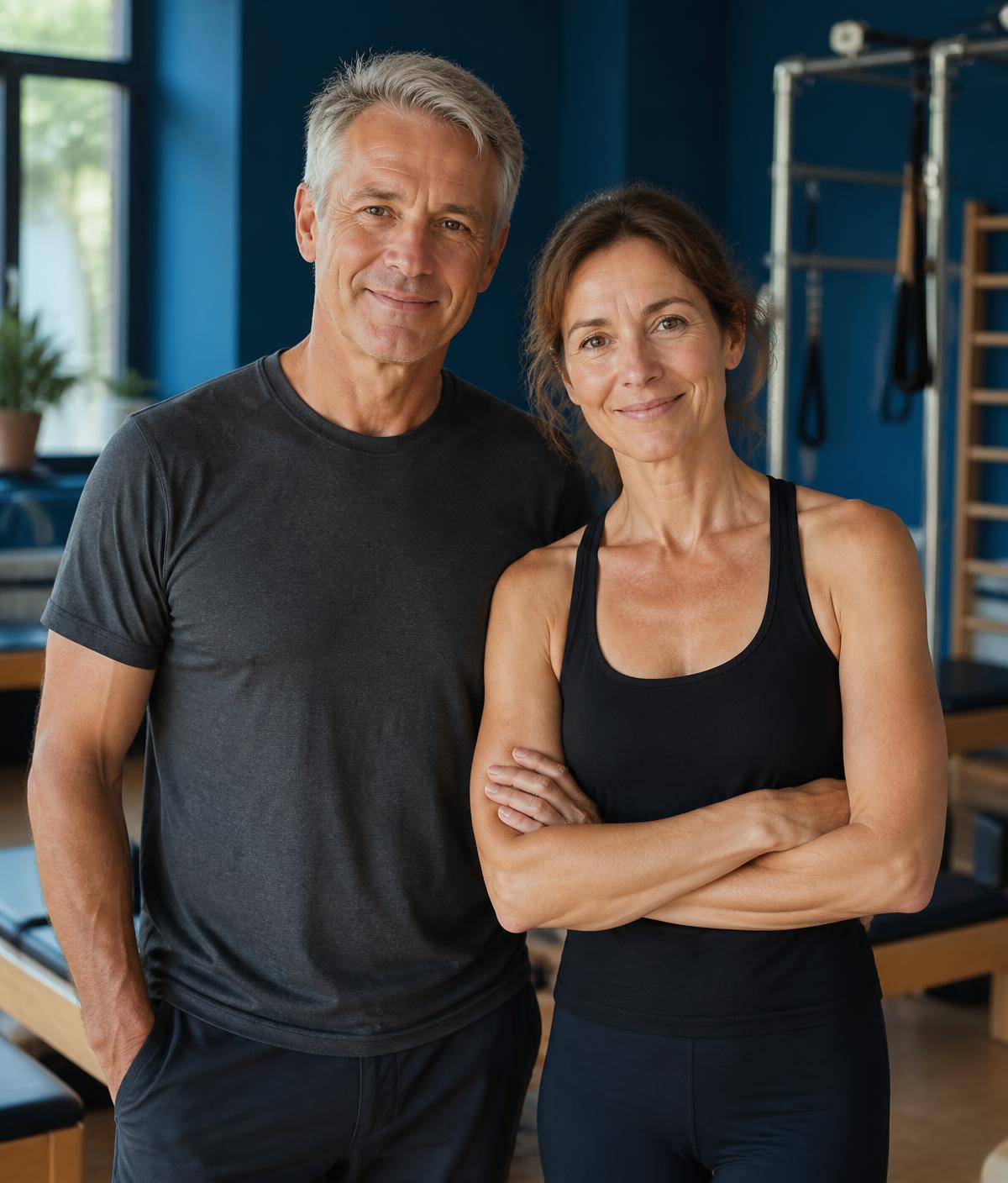 A man in his fifties and a woman in her fifties standing together in the Applied Fitness studio