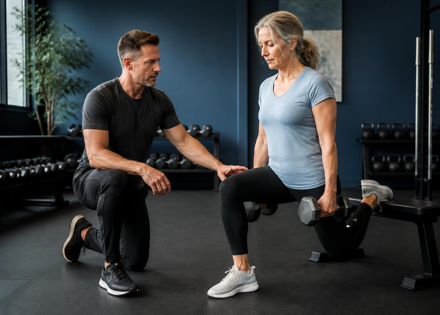 A coach guiding an adult client through a strength exercise in the blue-walled Applied Fitness studio
